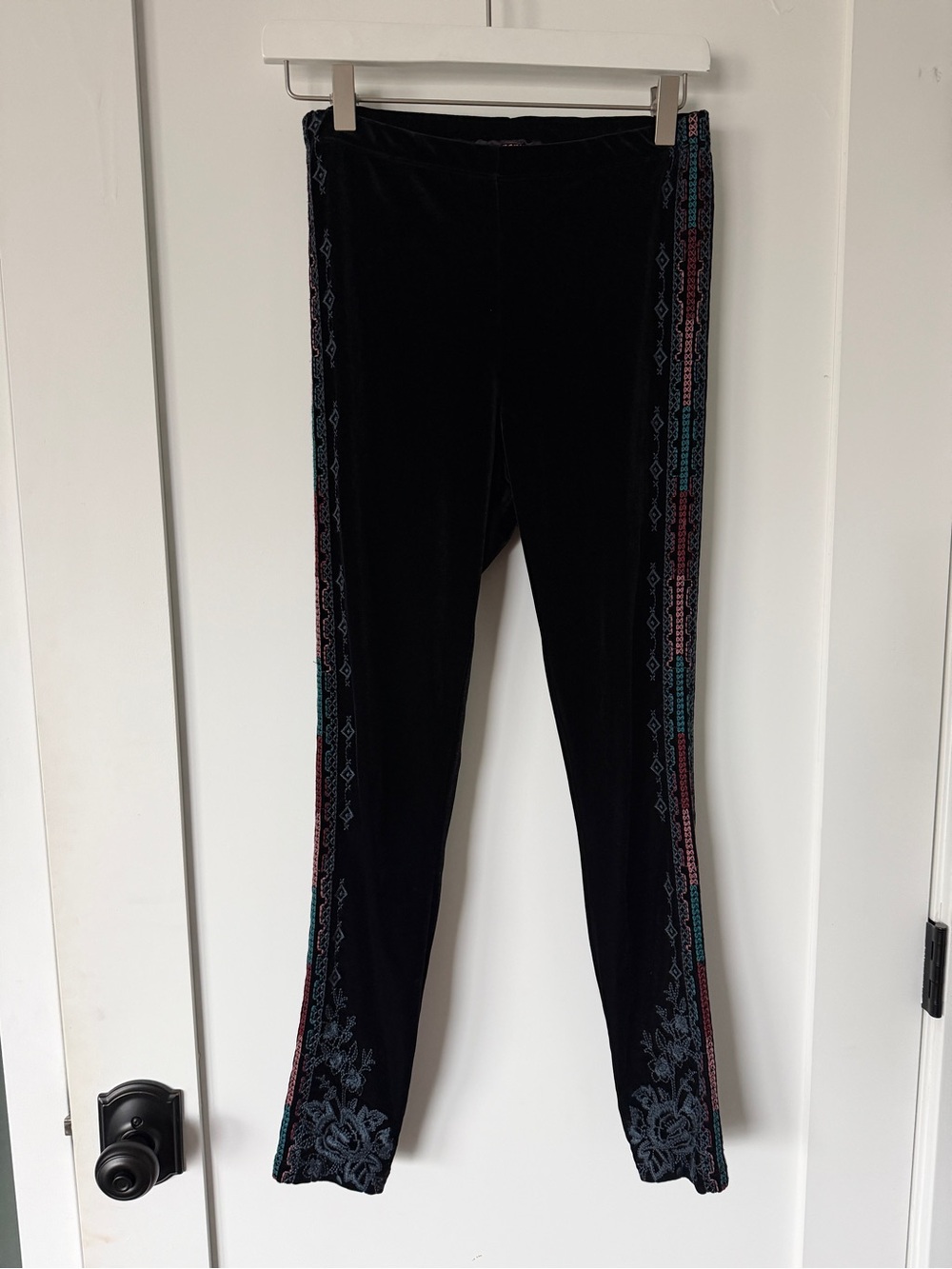 Johnny Was Black Velvet Leggings with Patterned Seams